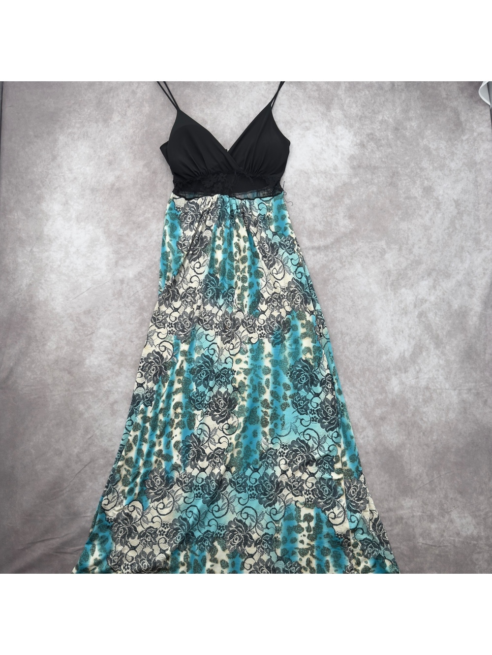 Y2K YoYo 5 blue floral black lace trim empire waist maxi dress whimsigoth small